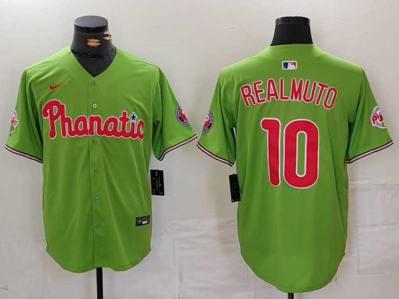 Men%27s Philadelphia Phillies #10 JT Realmuto Green With Patch Stitched Cool Base Nike Jersey